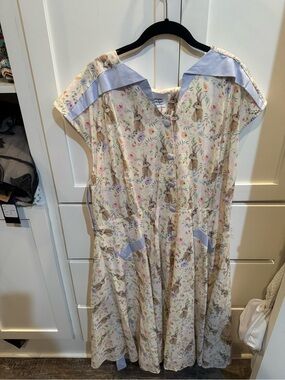 Unique Vintage Cream Floral Bunny Print Dress with Lavender Accents